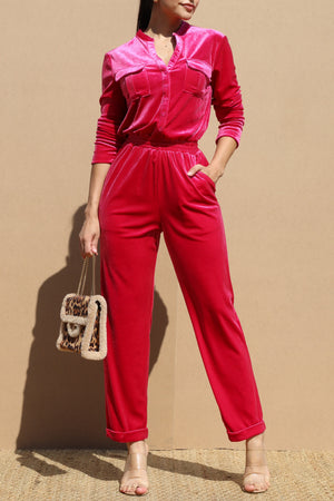 DD4829, BUTTON DOWN VELVET JUMPSUIT