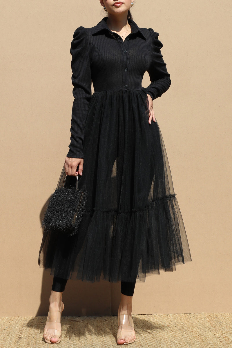 DD6626, PUFF SLEEVE KNIT LONG DRESS