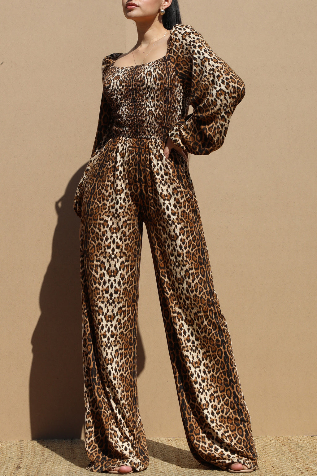 DD6668, LEOPARD SMOCK TOP KNIT JUMPSUIT