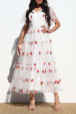 DD7952, STRAWBERRY SMOCKED TOP MESH MIDI DRESS