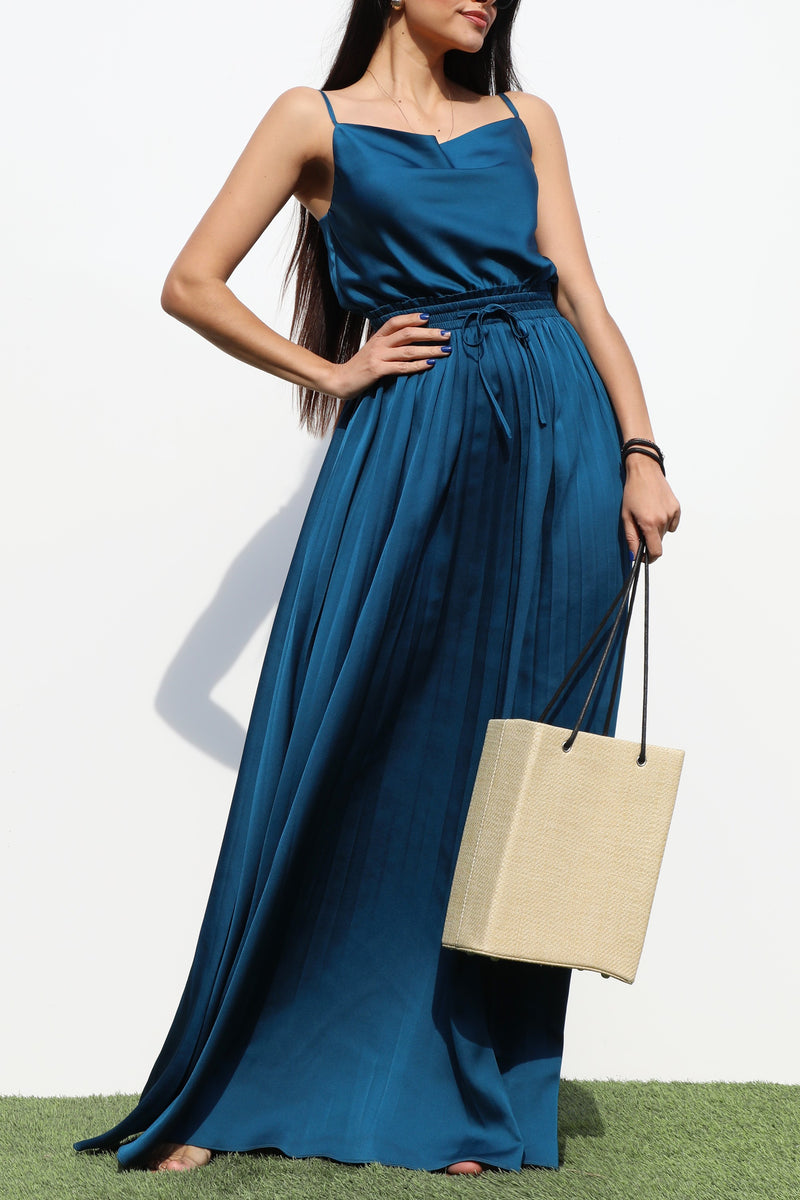 DD6528, PLEATED COW NECK SATIN MAXI DRESS