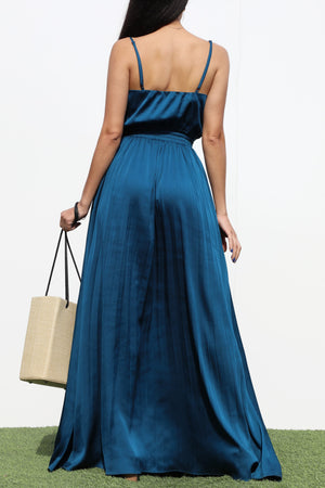 DD6528, PLEATED COW NECK SATIN MAXI DRESS