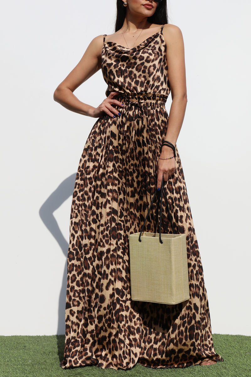 DD6528, PLEATED COW NECK SATIN MAXI DRESS