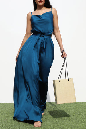DD6528, PLEATED COW NECK SATIN MAXI DRESS