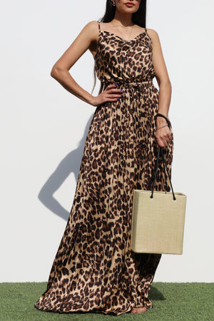 DD6528, PLEATED COW NECK SATIN MAXI DRESS