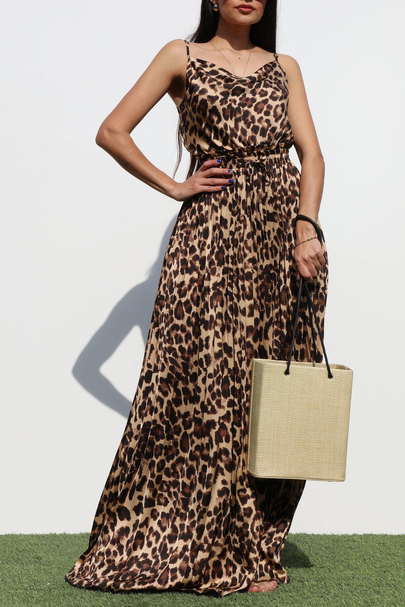 DD6528, PLEATED COW NECK SATIN MAXI DRESS
