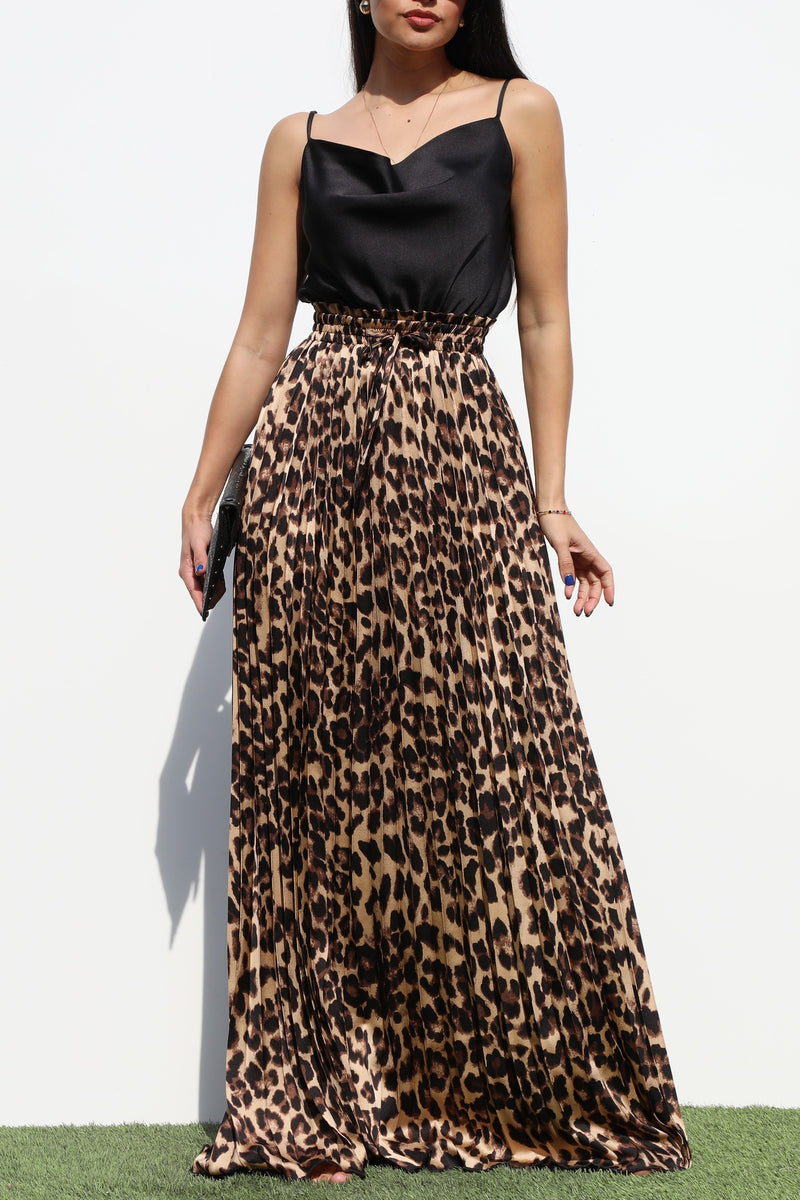 DD6528, PLEATED COW NECK SATIN MAXI DRESS
