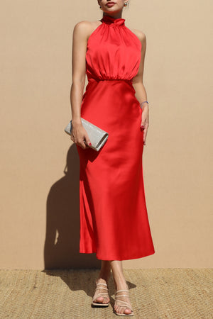 DD6665, MOCK NECK SATIN MIDI DRESS