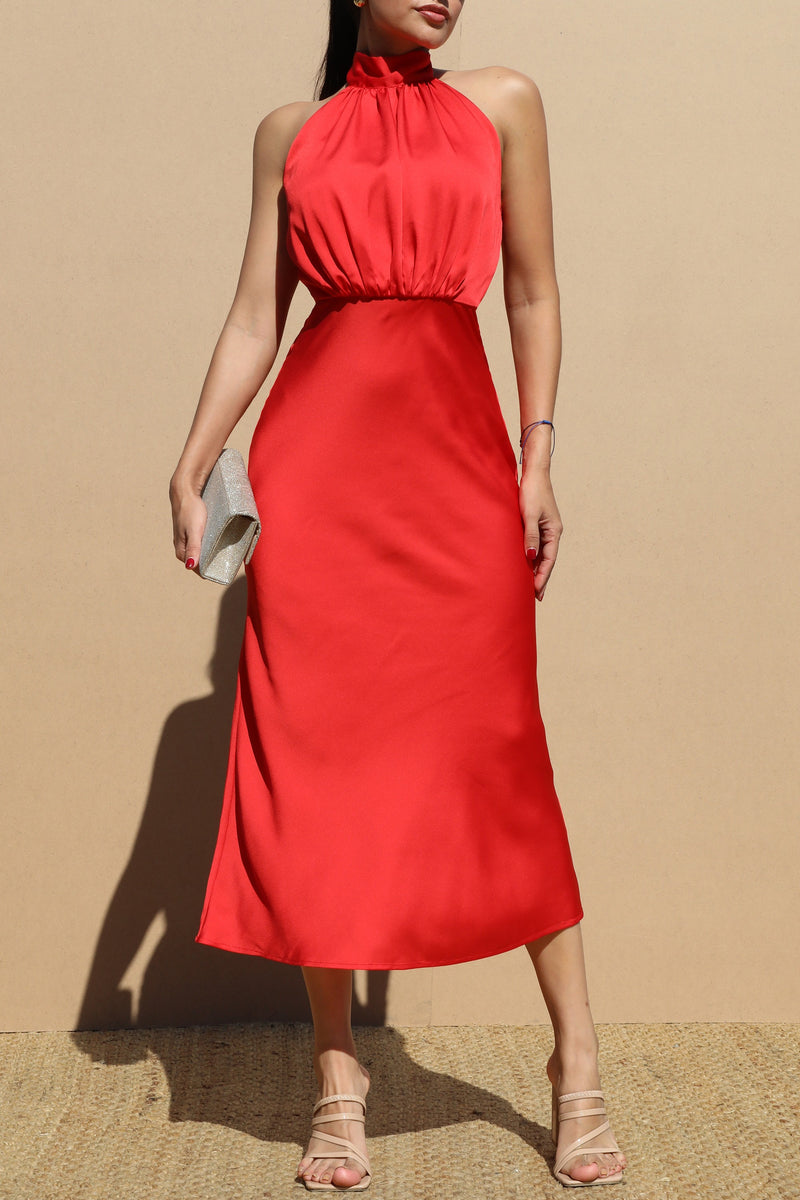 DD6665, MOCK NECK SATIN MIDI DRESS