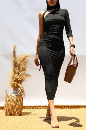 DD8503, One Shoulder Venetian Midi Dress