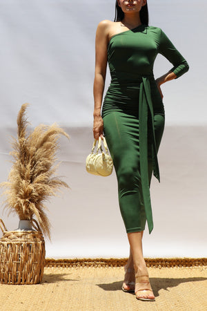 DD8503, One Shoulder Venetian Midi Dress