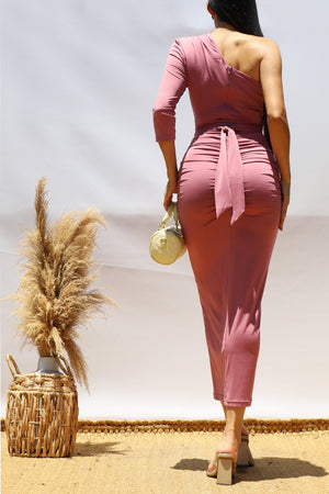 DD8503, One Shoulder Venetian Midi Dress