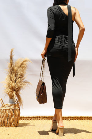 DD8503, One Shoulder Venetian Midi Dress