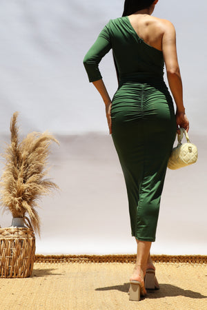 DD8503, One Shoulder Venetian Midi Dress