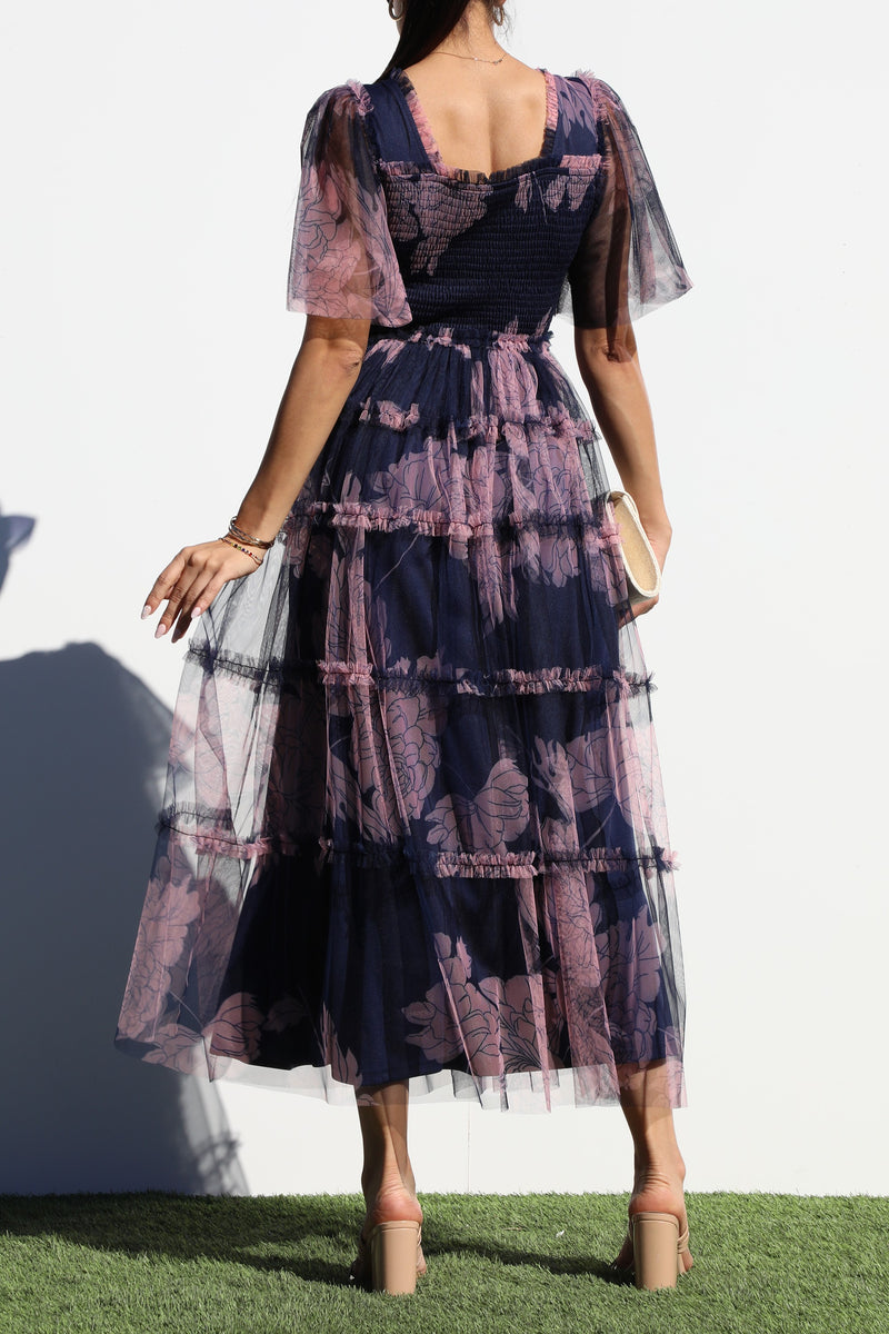 DD6783, SMOCKED TOP MESH RUFFELD MIDI DRESS