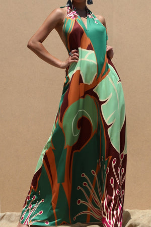 DD8122, PRINTED HALTER KNIT MAXI DRESS