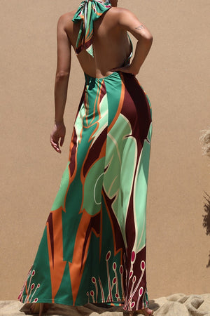 DD8122, PRINTED HALTER KNIT MAXI DRESS