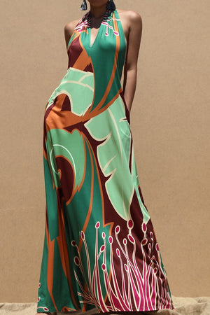 DD8122, PRINTED HALTER KNIT MAXI DRESS