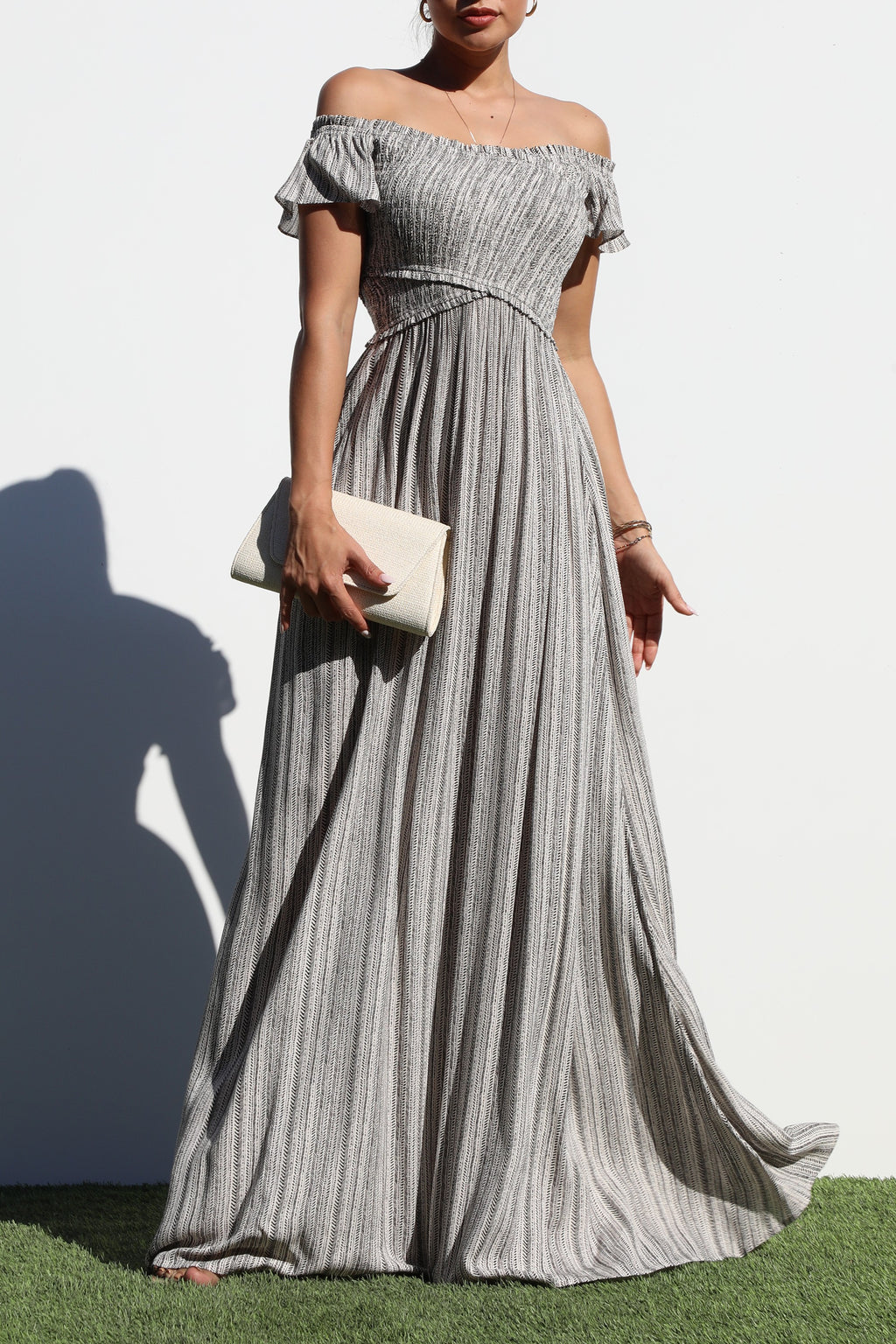 DD6841, SMOCKED TOP WOVEN MAXI DRESS