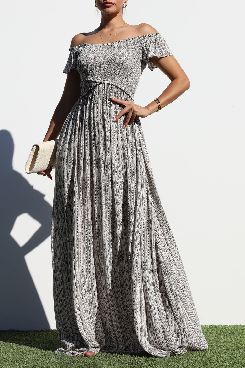DD6841, SMOCKED TOP WOVEN MAXI DRESS