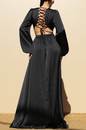 DD4178, LACE UP SATIN MAXI DRESS