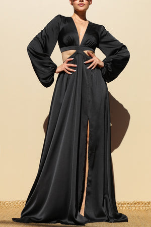 DD4178, LACE UP SATIN MAXI DRESS