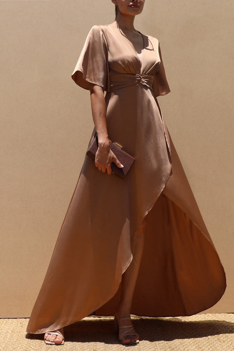 DD1227, FRT TWIST SATIN MAXI DRESS