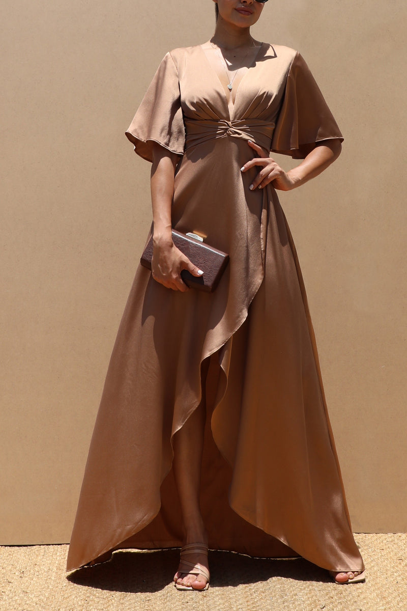DD1227, FRT TWIST SATIN MAXI DRESS