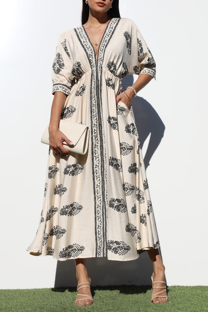 DD6785, BORDER PRINTED WOVEN MIDI DRESS