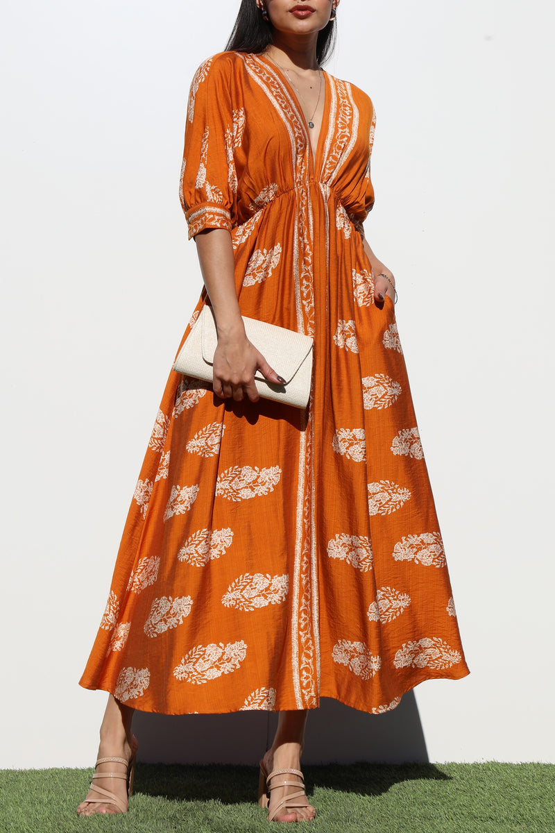DD6785, BORDER PRINTED WOVEN MIDI DRESS