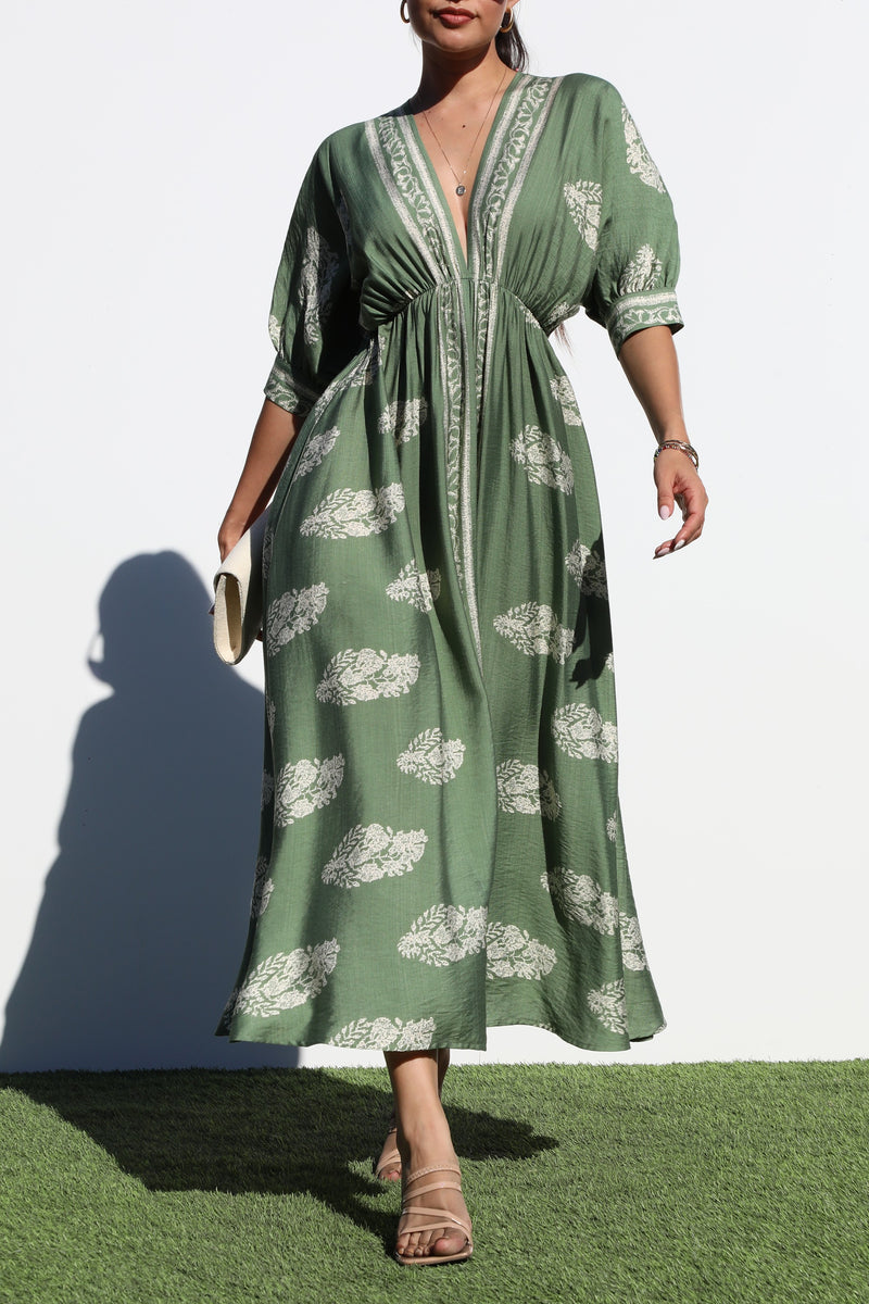 DD6785, BORDER PRINTED WOVEN MIDI DRESS
