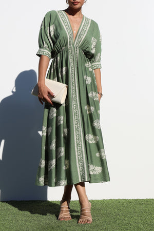 DD6785, BORDER PRINTED WOVEN MIDI DRESS