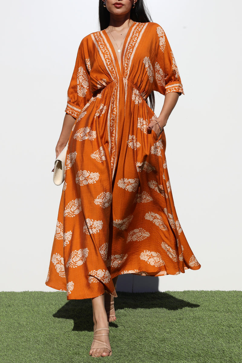 DD6785, BORDER PRINTED WOVEN MIDI DRESS
