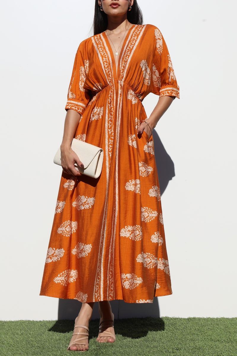 DD6785, BORDER PRINTED WOVEN MIDI DRESS