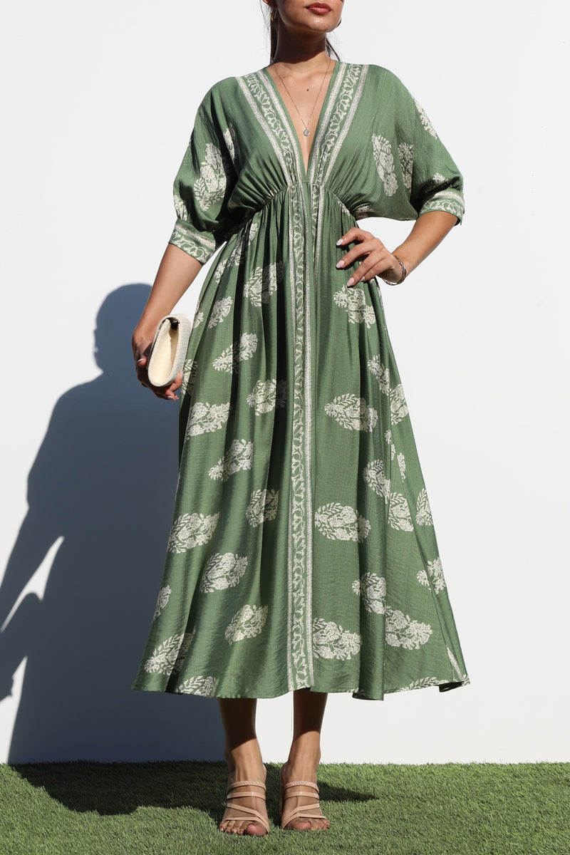 DD6785, BORDER PRINTED WOVEN MIDI DRESS