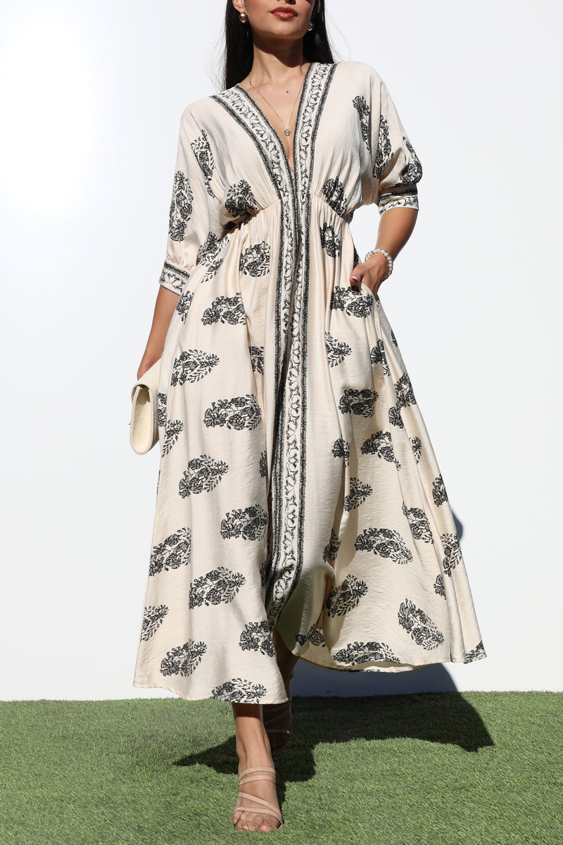 DD6785, BORDER PRINTED WOVEN MIDI DRESS
