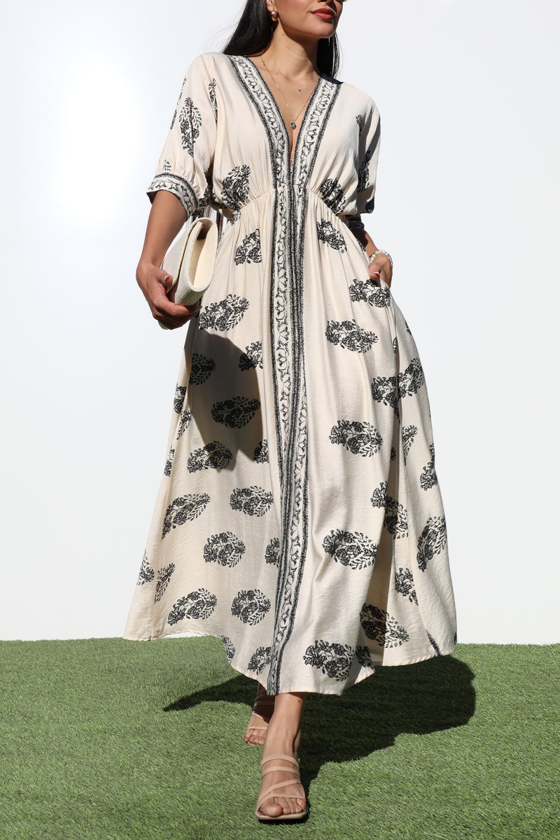 DD6785, BORDER PRINTED WOVEN MIDI DRESS