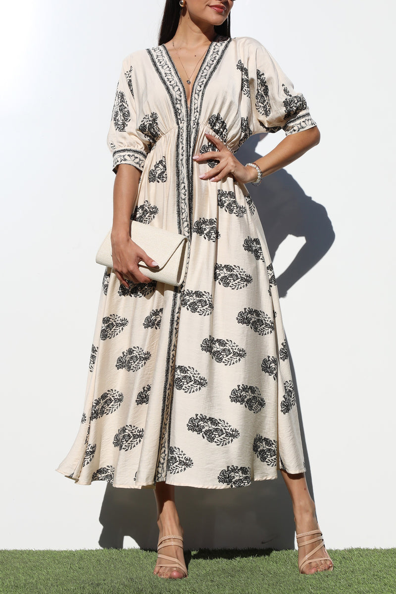 DD6785, BORDER PRINTED WOVEN MIDI DRESS