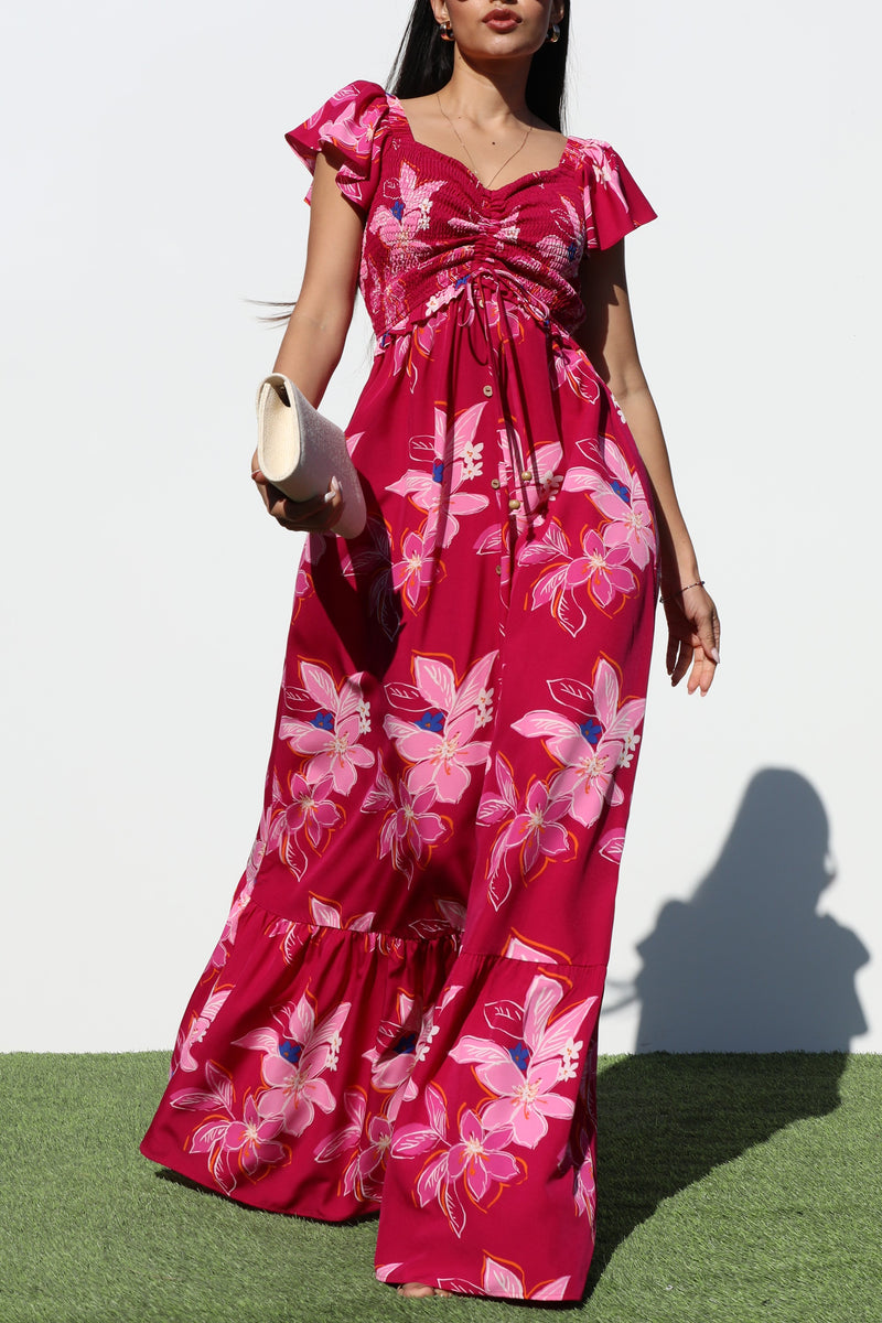 DD7060, SMOCKED TOP WOVEN MAXI DRESS