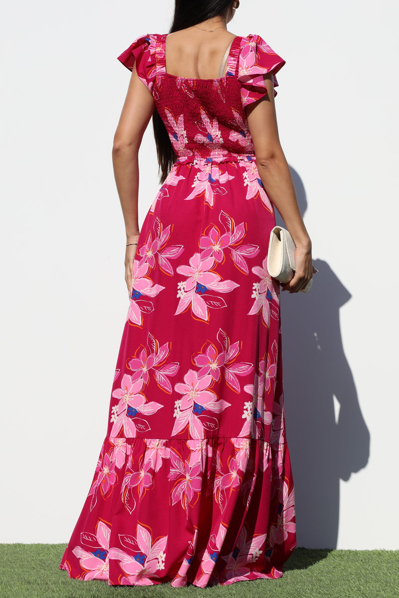 DD7060, SMOCKED TOP WOVEN MAXI DRESS