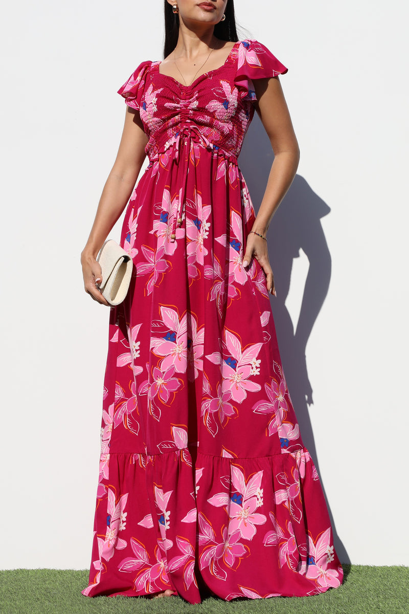 DD7060, SMOCKED TOP WOVEN MAXI DRESS