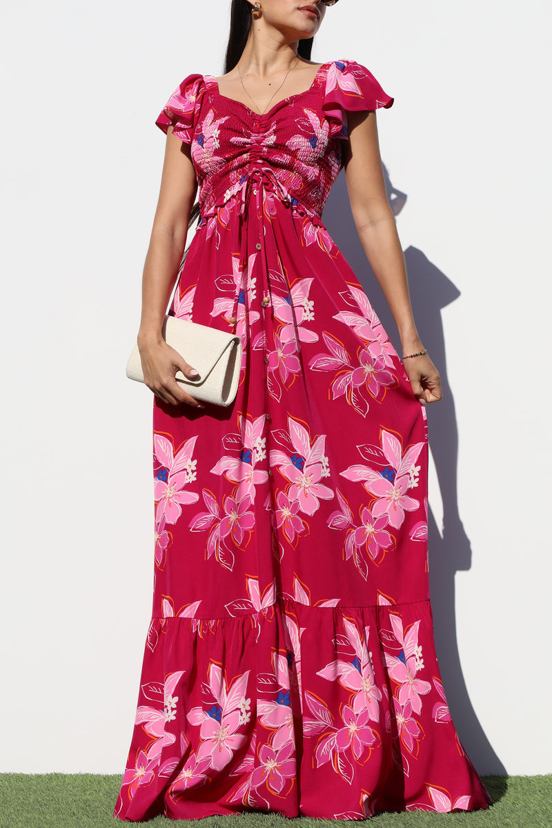 DD7060, SMOCKED TOP WOVEN MAXI DRESS