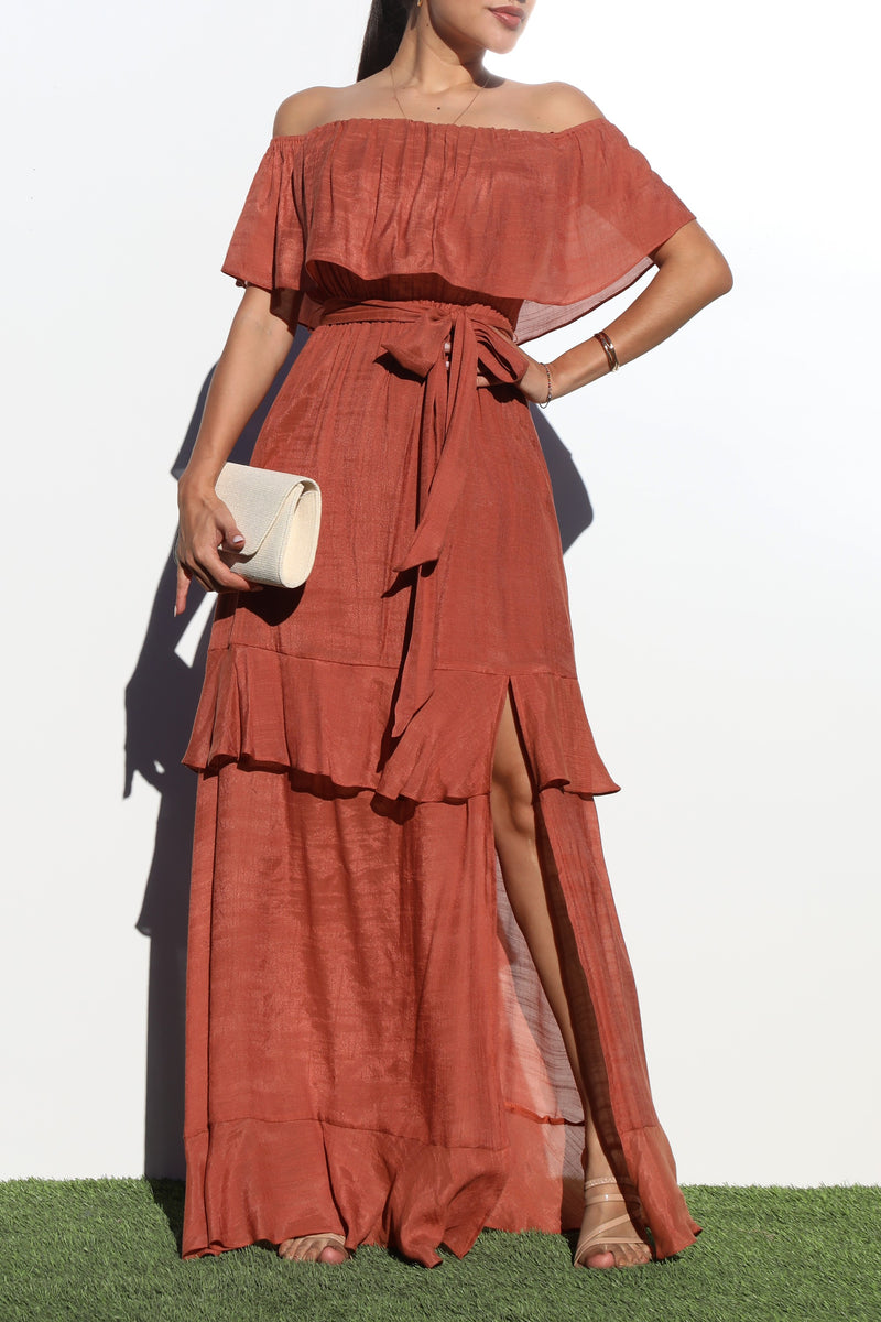 DD7088, OFF SHOULDER WOVEN MAXI DRESS