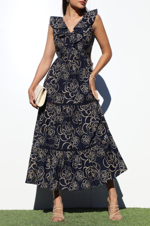 DD6787, PRINTED V NECK MIDI DRESS