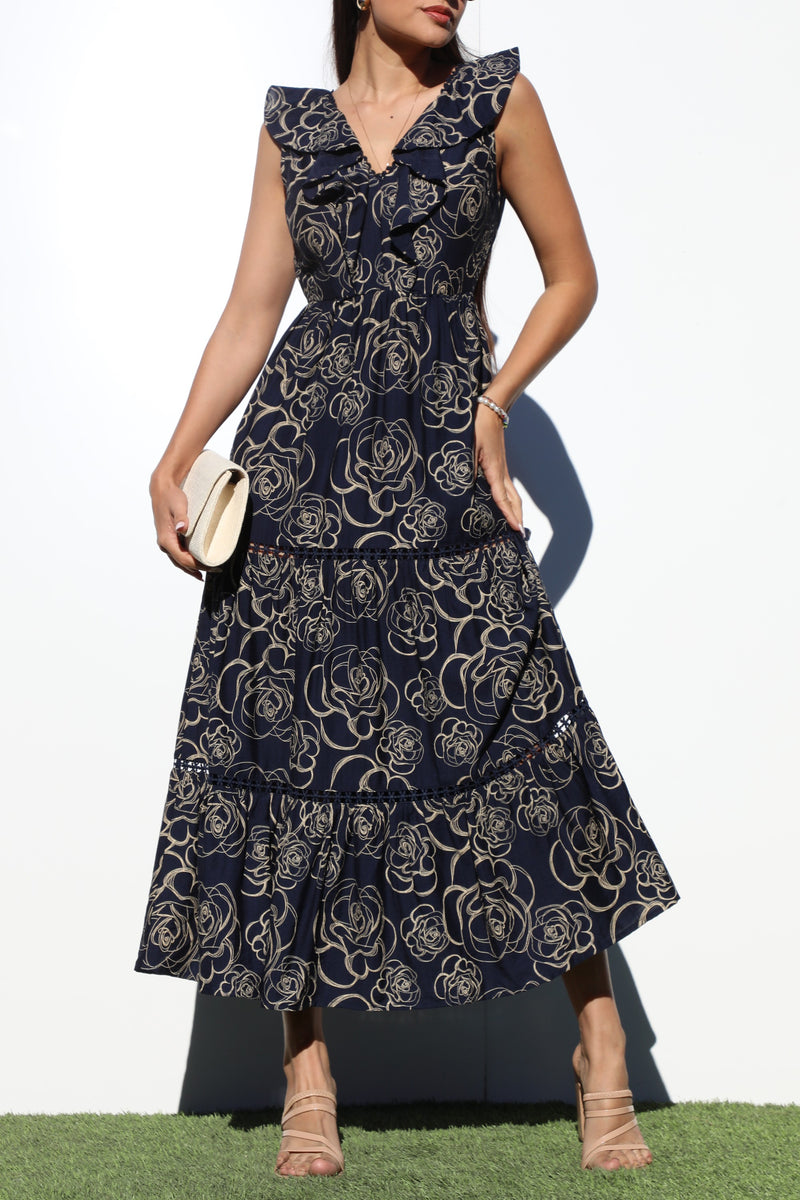 DD6787, PRINTED V NECK MIDI DRESS