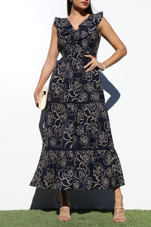DD6787, PRINTED V NECK MIDI DRESS