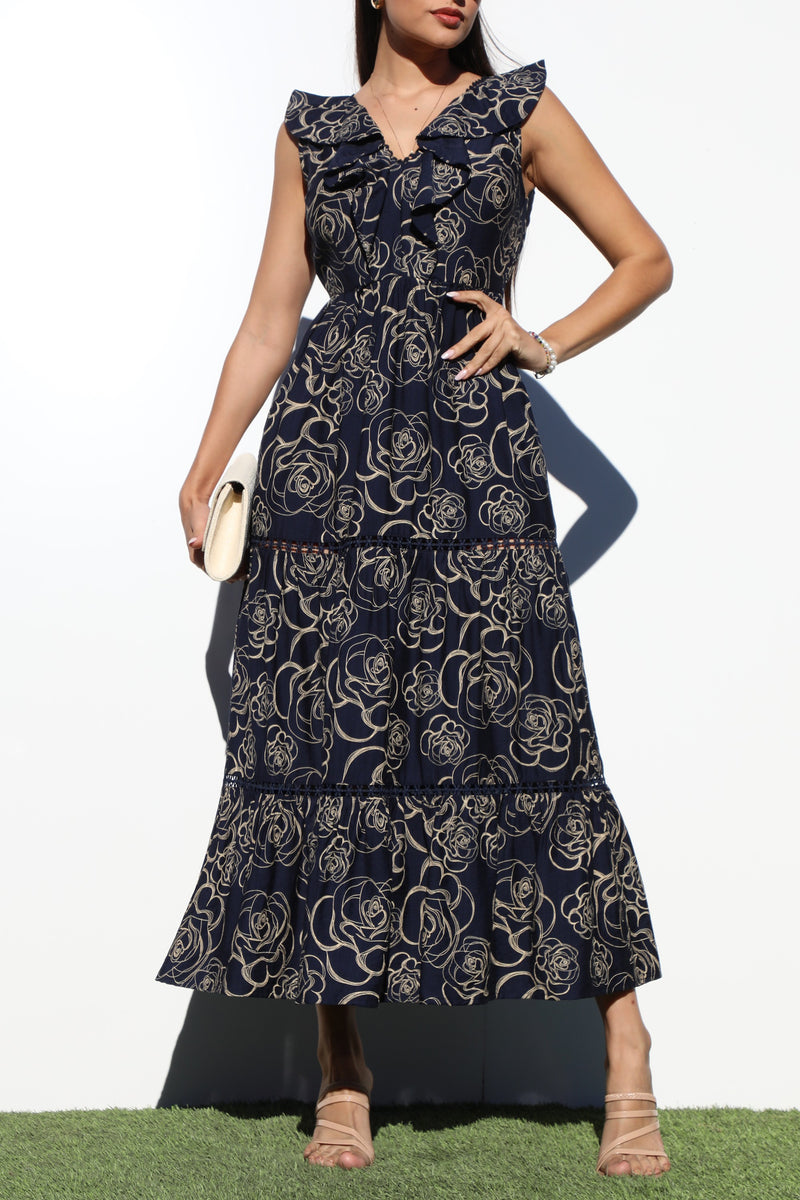 DD6787, PRINTED V NECK MIDI DRESS