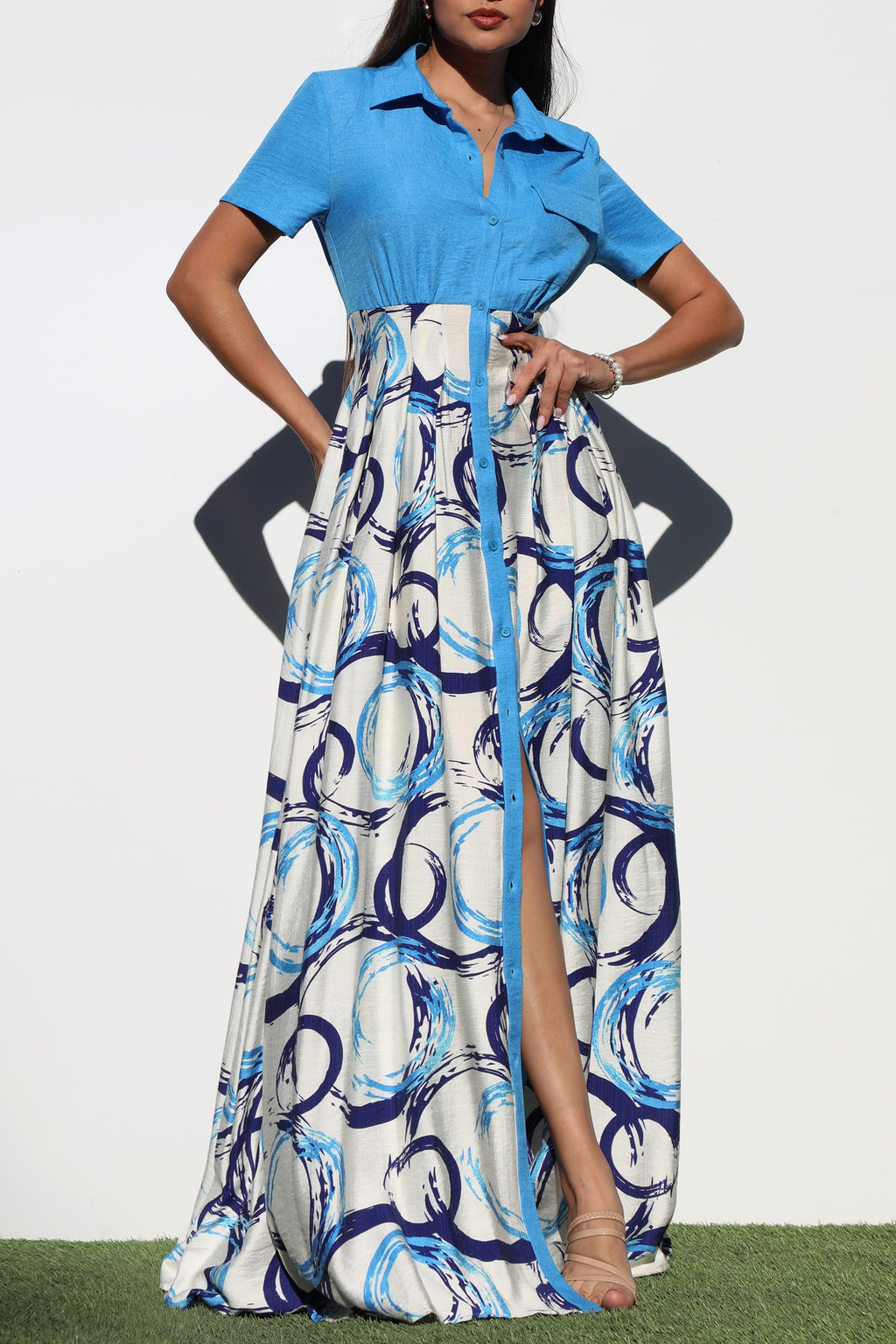 DD6911, PRINTED BUTTON DOWN MAXI DRESS