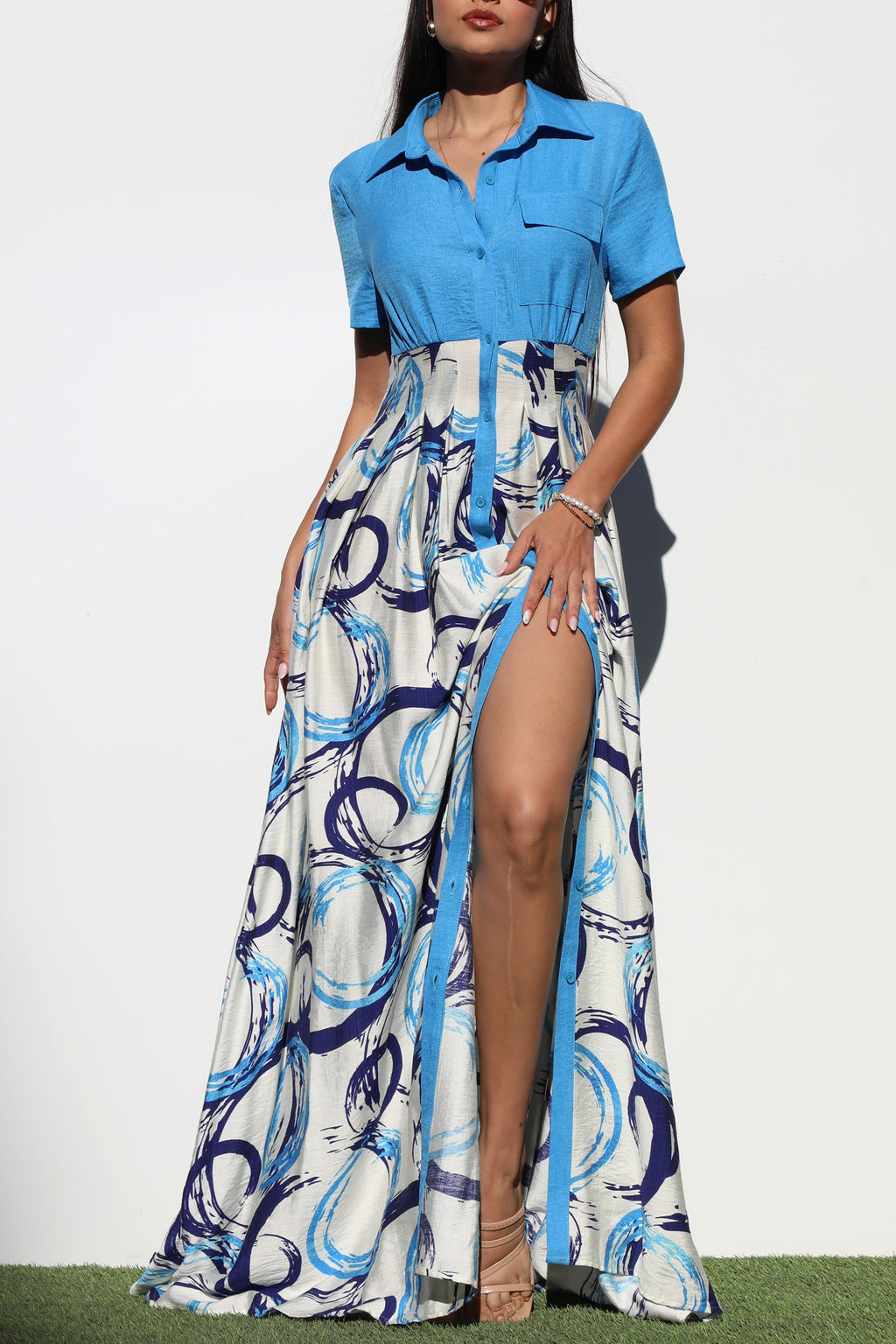 DD6911, PRINTED BUTTON DOWN MAXI DRESS