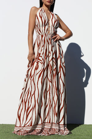 DD8241, BORDER PRINTED DEEP V MAXI DRESS
